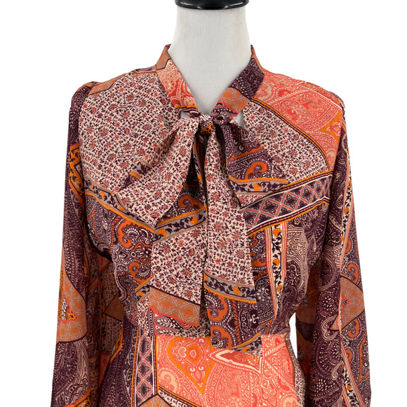 Divine Heritage Mini Dress Orchid Floral Paisley Print Tie Neck Size Small - Picture 8 of 16